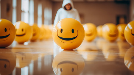 Selective focus of happy smiling emoji balls in hall with muslim womanの素材
