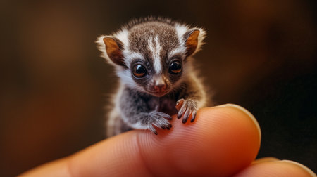 Cute little baby lemur on a finger, close-upの素材