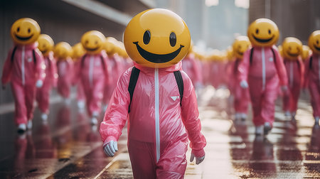 Funny character with yellow smiley face in pink suit. Concept of human emotions.の素材