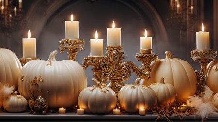 Vintage candlestick with burning candles and pumpkins on dark backgroundの素材