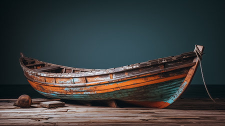 Wooden boat on the beach with blue sky background. Vintage style.の素材