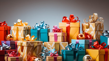 Gift boxes on a gray background. Christmas and New Year.の素材