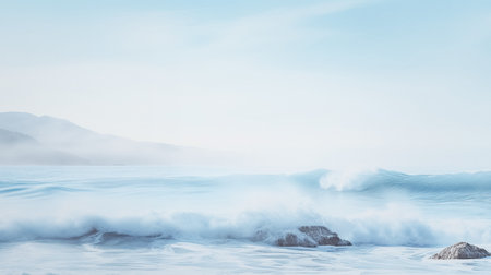Beautiful seascape with waves crashing on the rocks in a foggy dayの素材
