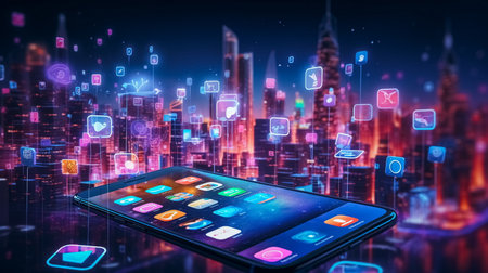 Smartphone with glowing application icons over cityscape background. 3D renderingの素材
