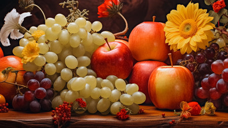 Autumn still life with grapes, apples and flowers on wooden backgroundの素材