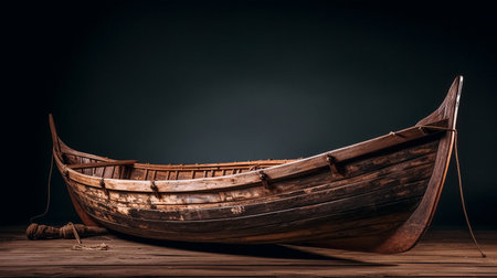 Wooden boat on a wooden table on a dark background. Vintage style.の素材