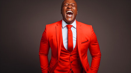 Happy african american man in red suit and glassesの素材