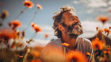 Portrait of a smiling senior man standing in a field of poppiesの素材