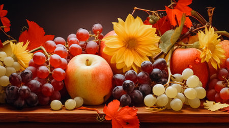 Autumn still life with apples, grapes and flowers on wooden backgroundの素材