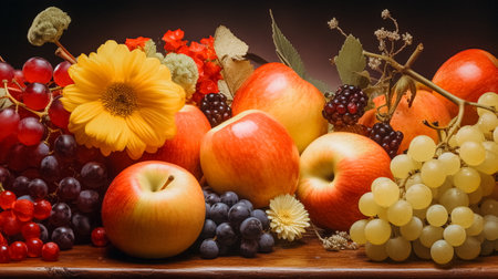 Autumn still life with apples, grapes, flowers and sunflowersの素材