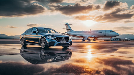 Luxury car parked at the airport with sunset sky background.の素材