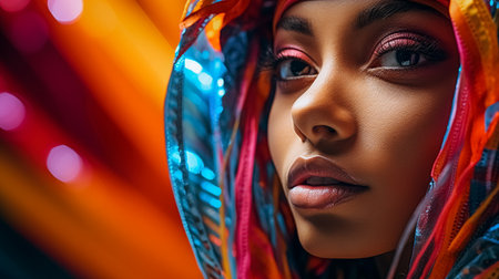 Close-up portrait of a beautiful African woman with bright make-up.の素材