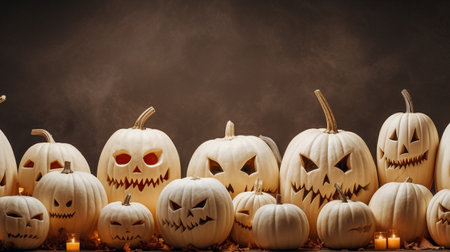 Halloween pumpkins with candles on dark background. Halloween concept.の素材
