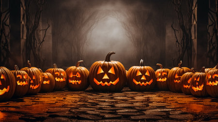 Halloween pumpkins on cobblestone road with foggy backgroundの素材