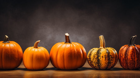 Group of orange pumpkins on dark background. Halloween concept. Selective focus.の素材