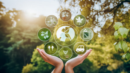 Ecology concept with green environment icons in the hands of a womanの素材