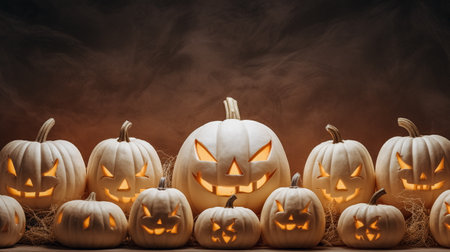 Halloween pumpkins with scary faces on dark background, copy spaceの素材