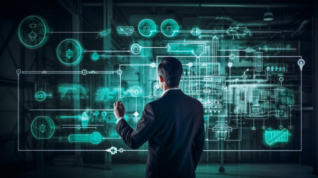 Back view of businessman working with virtual panel and icons on media screenの素材