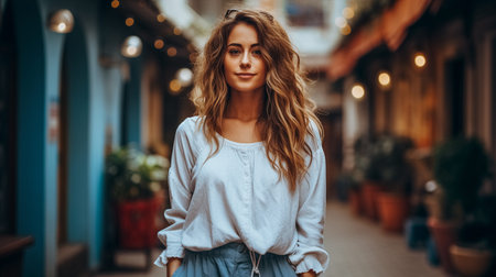 Portrait of a beautiful young woman with long curly hair in the cityの素材