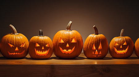 Halloween pumpkins on wooden shelf with copy space for your textの素材