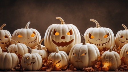 Halloween pumpkins with candles and leaves on dark brown background.の素材