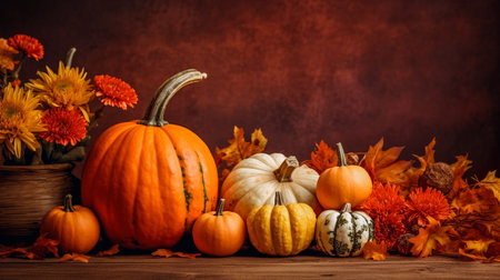 Autumn still life with pumpkins, flowers and leaves on wooden backgroundの素材