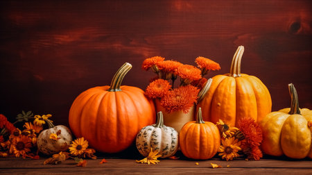 Autumn pumpkins and flowers on wooden background. Fall harvest.の素材