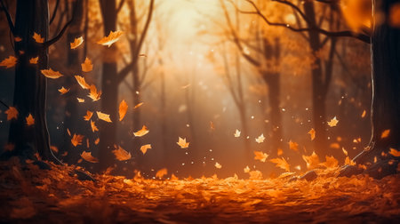 Falling autumn leaves in the forest. Autumn background. 3D renderingの素材