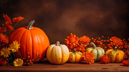 Autumn pumpkins and orange flowers on wooden background with copy spaceの素材