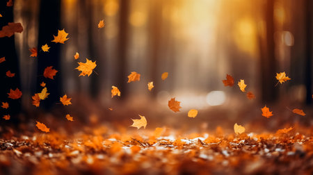 Autumn forest background with falling leaves and rays of the sun.の素材