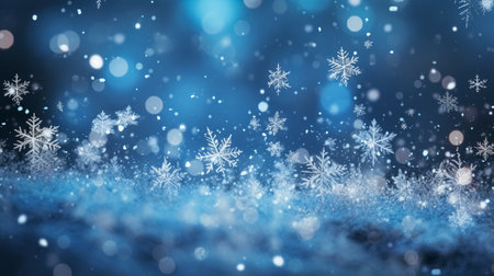 snowflakes and stars on blue background with bokeh effectの素材