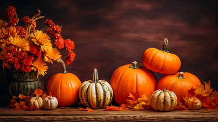Autumn still life with pumpkins, flowers and leaves on wooden backgroundの素材