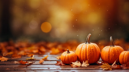 Autumn background with pumpkins, leaves and bokeh.の素材