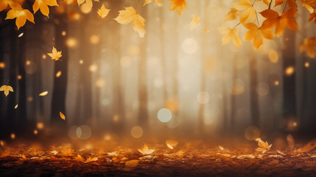 Autumn forest with falling leaves and bokeh lights. Abstract nature backgroundの素材