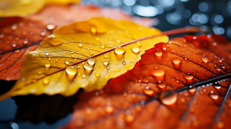 Colorful autumn leaves with water drops on black background. Selective focus.の素材