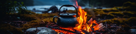 Tea pot on the fire in the forest. Selective focus.の素材
