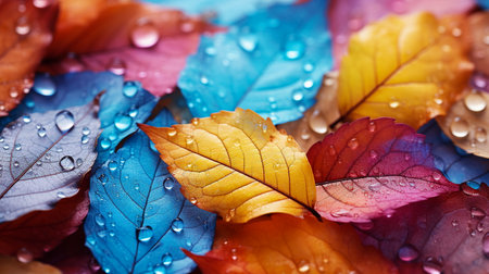 Colorful autumn leaves with water drops close up. Natural background.の素材