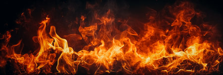 Fire flames on black background with copy space. Panorama bannerの素材