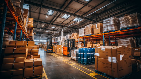 Forklift in warehouse. Forklift in warehouse. Warehouse interiorの素材