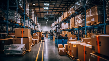 Interior of a warehouse with rows of boxes. Industrial background.の素材
