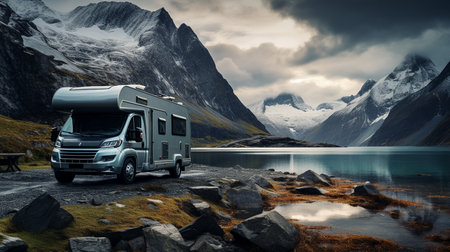 Camper car in mountains. Camping on nature. Holidays in motor home.の素材