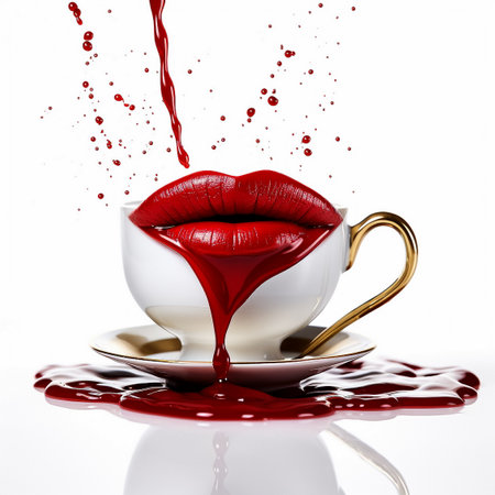 Red lips in a cup of coffee with splashes on a white backgroundの素材