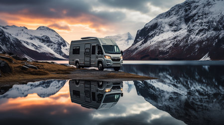 Camper van with reflection in fjord at sunset, Icelandの素材