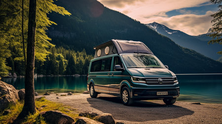 Camper van on the shore of lake with mountains in the backgroundの素材