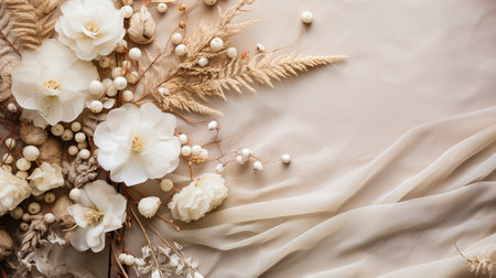 Wedding bouquet with gypsophila flowers on beige fabricの素材