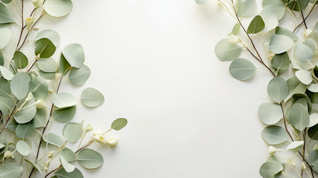 Flowers composition. Eucalyptus branches on white background. Flat lay, top viewの素材