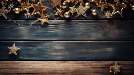 Christmas decoration on dark wooden background. Top view with copy space.の素材