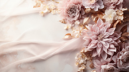 Beautiful flowers and fabric on light background, top view. Space for textの素材