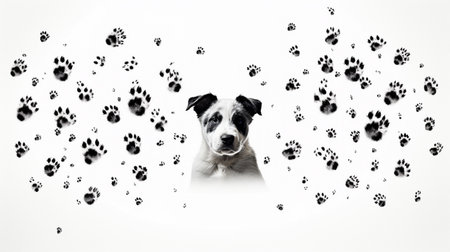 Cute dog and paw prints isolated on white background. Collage.の素材
