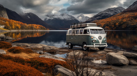 Vintage camper van on lake with mountains in the background.の素材